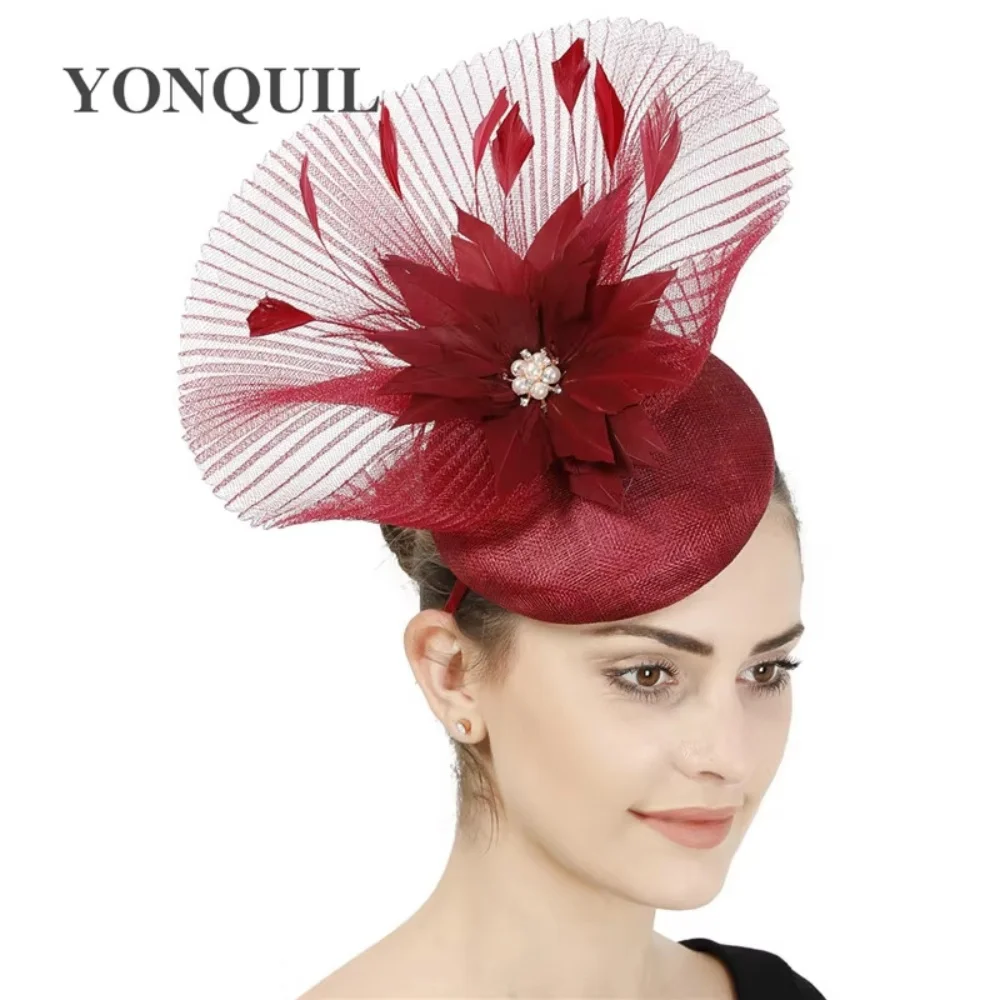 Elegant Sinamay Feather Fascinator Hat for Women Wedding Hair Clip Bride Church Dinner Cocktail Race High-Quality Headwear