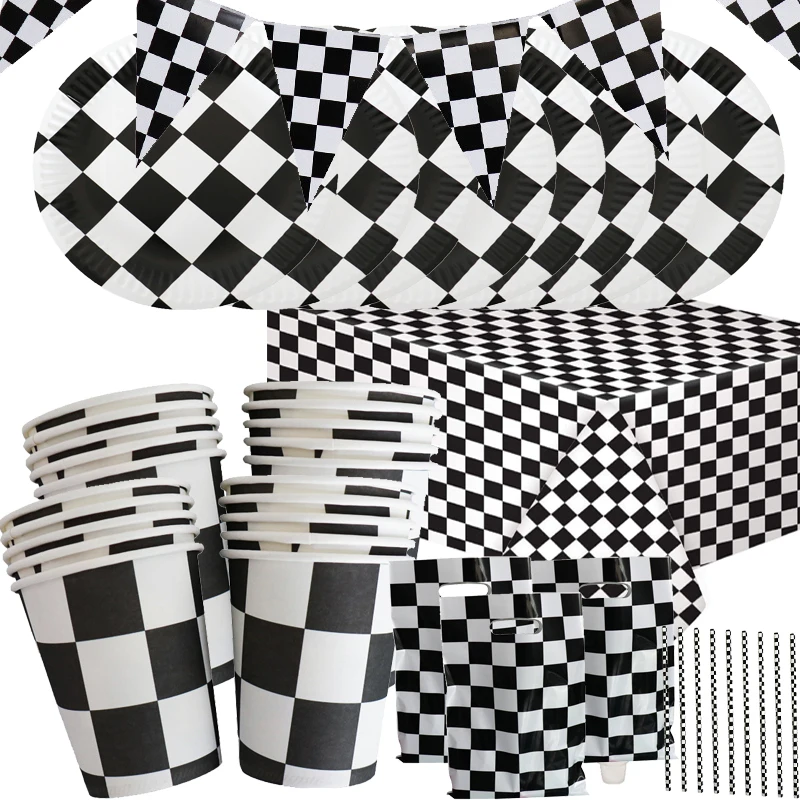 Chess Party Supplies Racecar Black and White Checkered Party Tableware Cup Plate Napkins Birthday Party Decorations Supplies