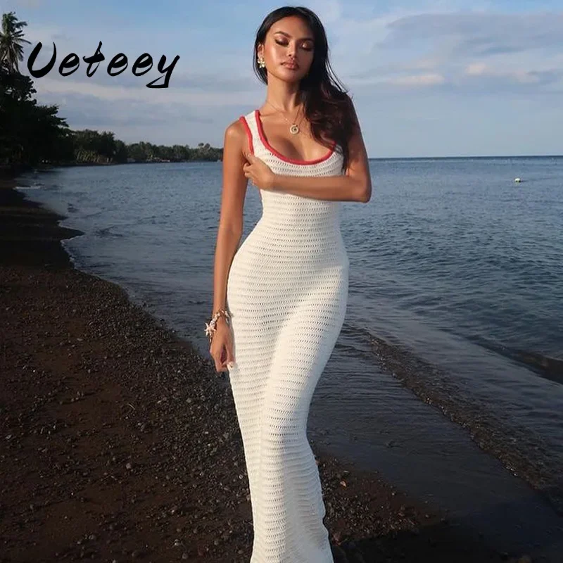 Ueteey Crochet Elegant Dress Women Contrast Square Collar Backless Lace-Up Sleeveless Autumn Trend Vacation Long Bodycon