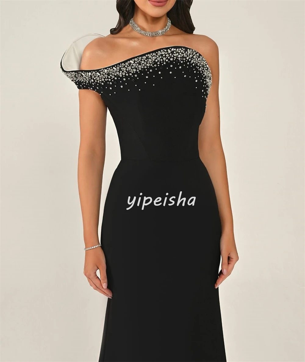 Customized Formal Women Jersey Rhinestone Ruched Straight Evening Dresses Fashion Strapless Sleeveless Floor Lenght Prom Dresses image 4