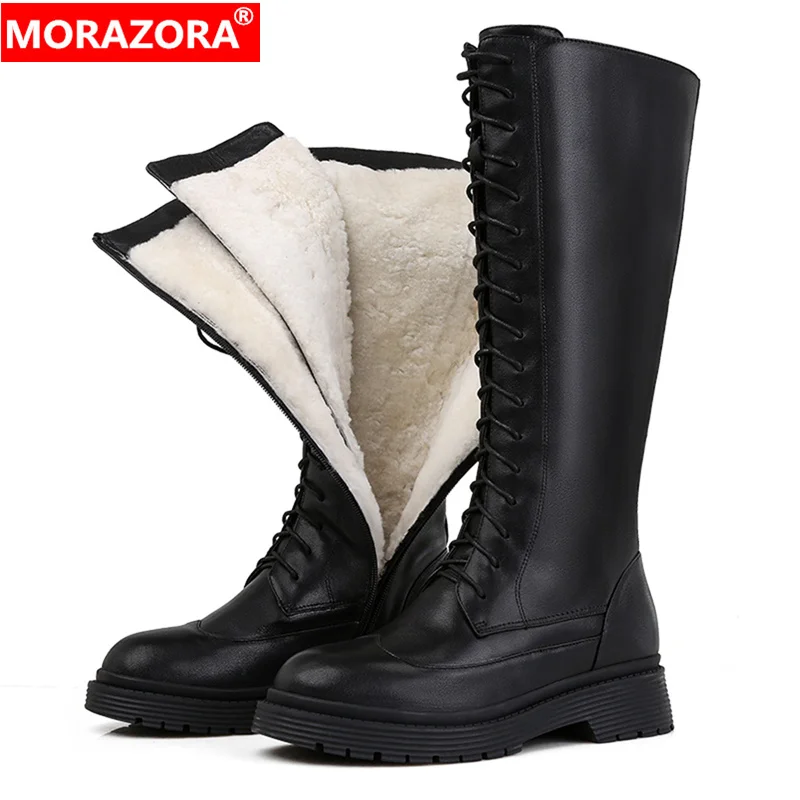 

MORAZORA 2024 New Genuine leather boots women shoes lace up warm winter boots nature sheep wool mid calf boots ladies botas