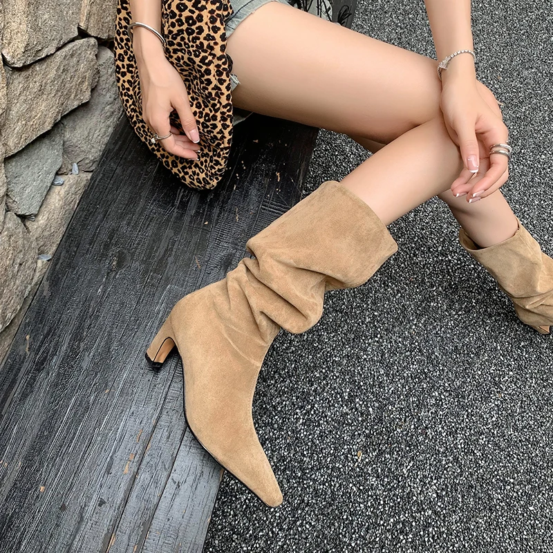 QUTAA 2025 News Women Knee High Boots Faux Suede Wrinkles Chunky Heels Pointed Toe Fashion Woman Winter Long Shoes Size 34-39