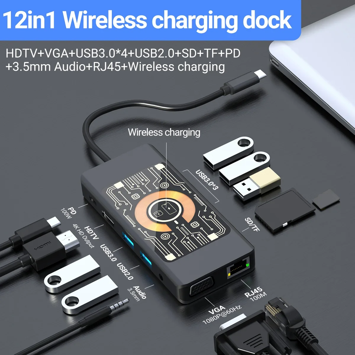 

USB-C Docking Station Dual Monitor 12 in 1 Wireless Charging Hub with HDMI-compatible,VGA,USB3.0/2.0,SD/TF,RJ45 100M,Audio3.5 fo