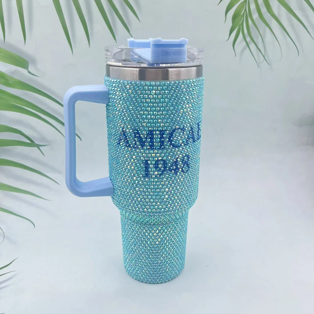 

AMICAE 1948 light blue rhinestone stainless steel straw cup with handle
