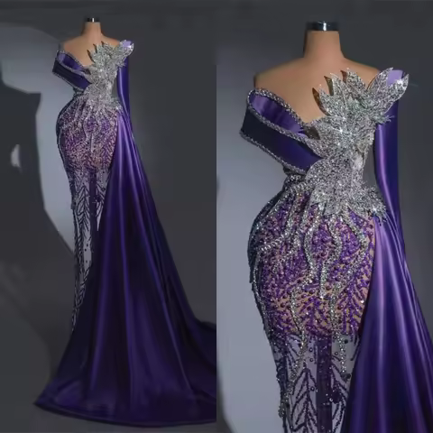 Sparkly Mermaid Prom Dress One Shoulder Crystal Sequined Evening Dresses Illusion Pearls Ribbon Party Gowns Customized