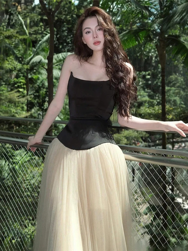 Estranho gato retalhos em camadas vestido feminino sexy sem alças malha elegante princesa noite festa de aniversário simples magro maxi bodycon