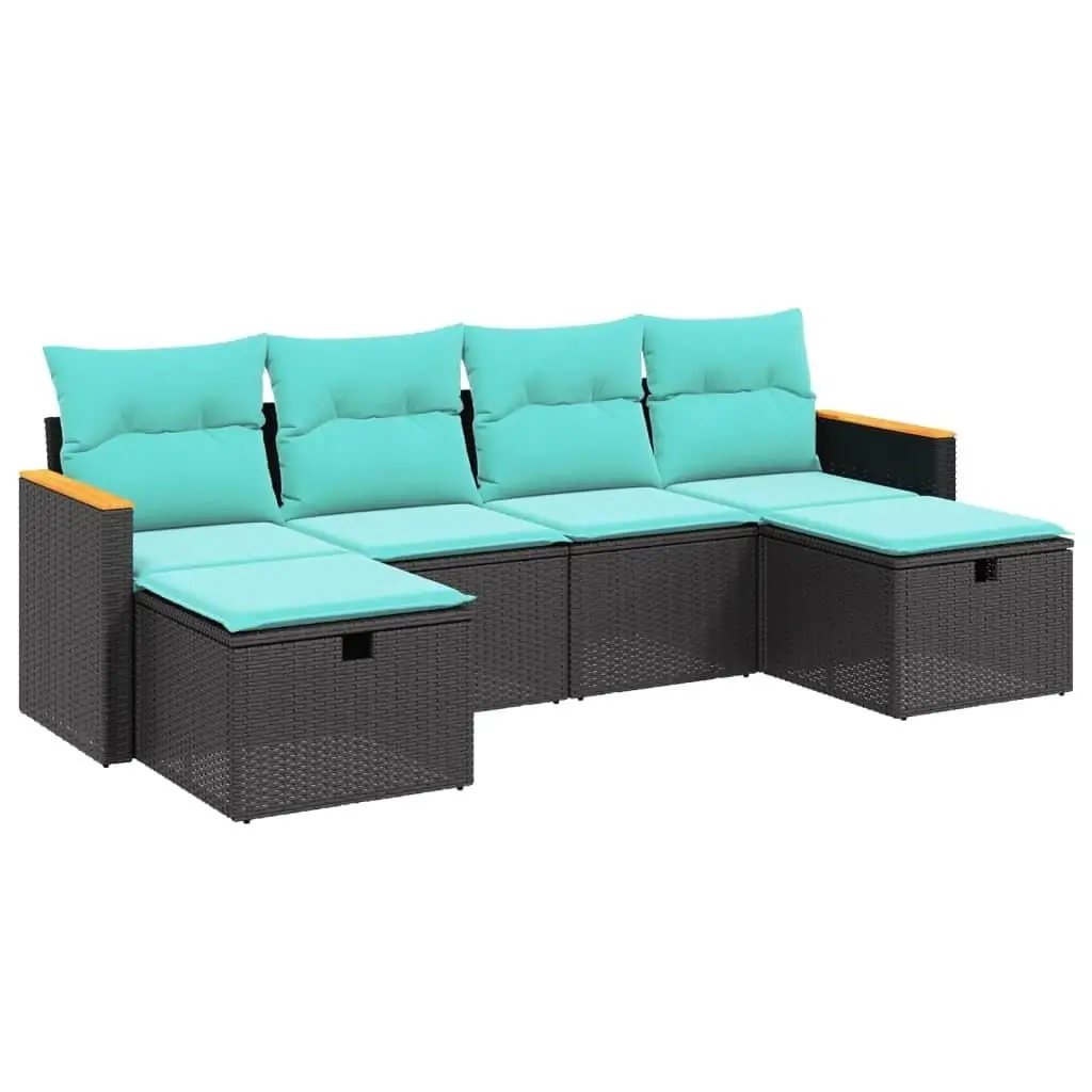 6-Piece Black Poly Rattan Patio Sofa Set with Cushions - Outdoor Furniture for Garden & Balcony