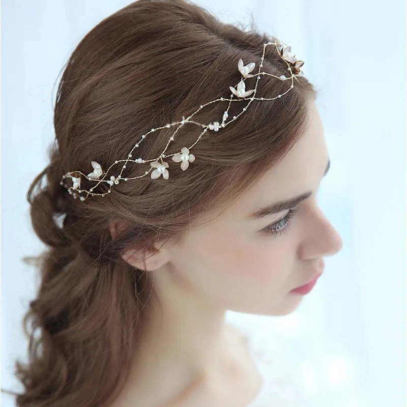 Forseven Flower Headbands Wedding Hair Accessories For Women Pearl Golden Beaded Hairbands Tiaras Bridal Gift Party Hair Jewelry