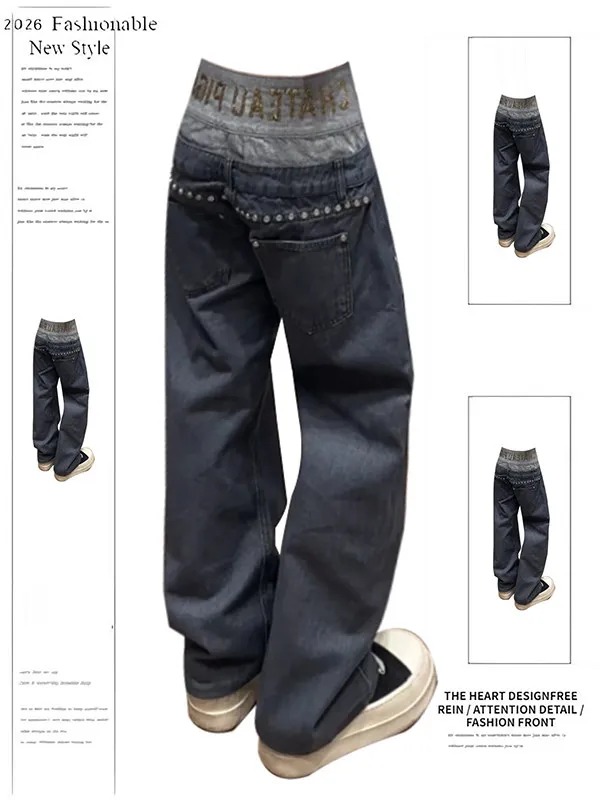 

American Retro Splicing Rivet Jeans Women's High Waist Slim Straight Leg Long Pants Spring New Design Sense Casual Trousers