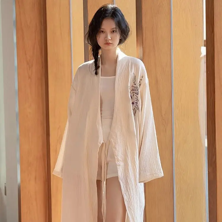 Bata de pijama de algodón para mujer, nuevo pijama estampado bordado para primavera y otoño, albornoz tipo kimono para mujer