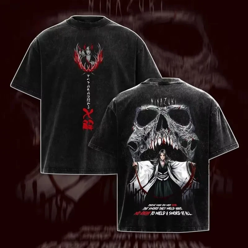 Anime BLEACH Minazuki Manga Graphic Print Retro Washed O-neck Cotton T-shirts Men Women Loose Casual Oversize Top Summer New Tee