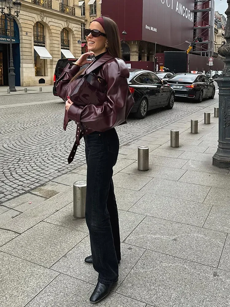 Elegant Wine Red Cropped Leather Jacket For Women Fashion Turn-down Collared Long Sleeve Coat 2024 Spring Chic Streetwear Outfit