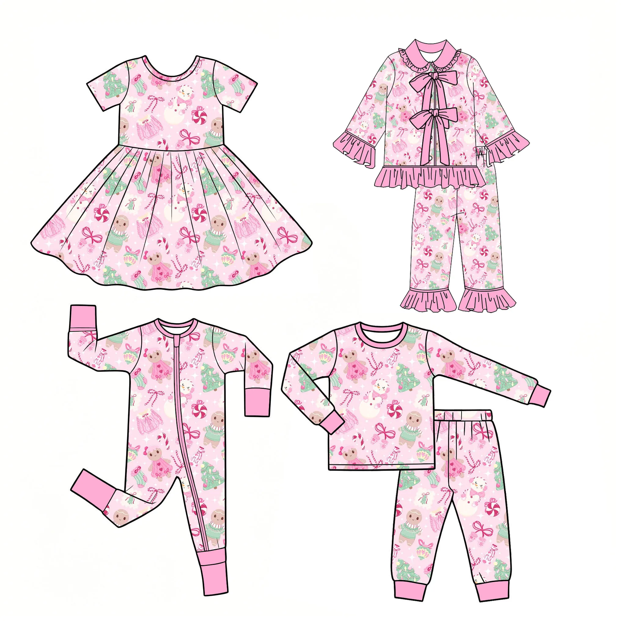 New Toddler Girls Pink Gingerbread Man Candy Outfits Kids Christmas Pajamas Dress Romper Robe Sleep Set view 6