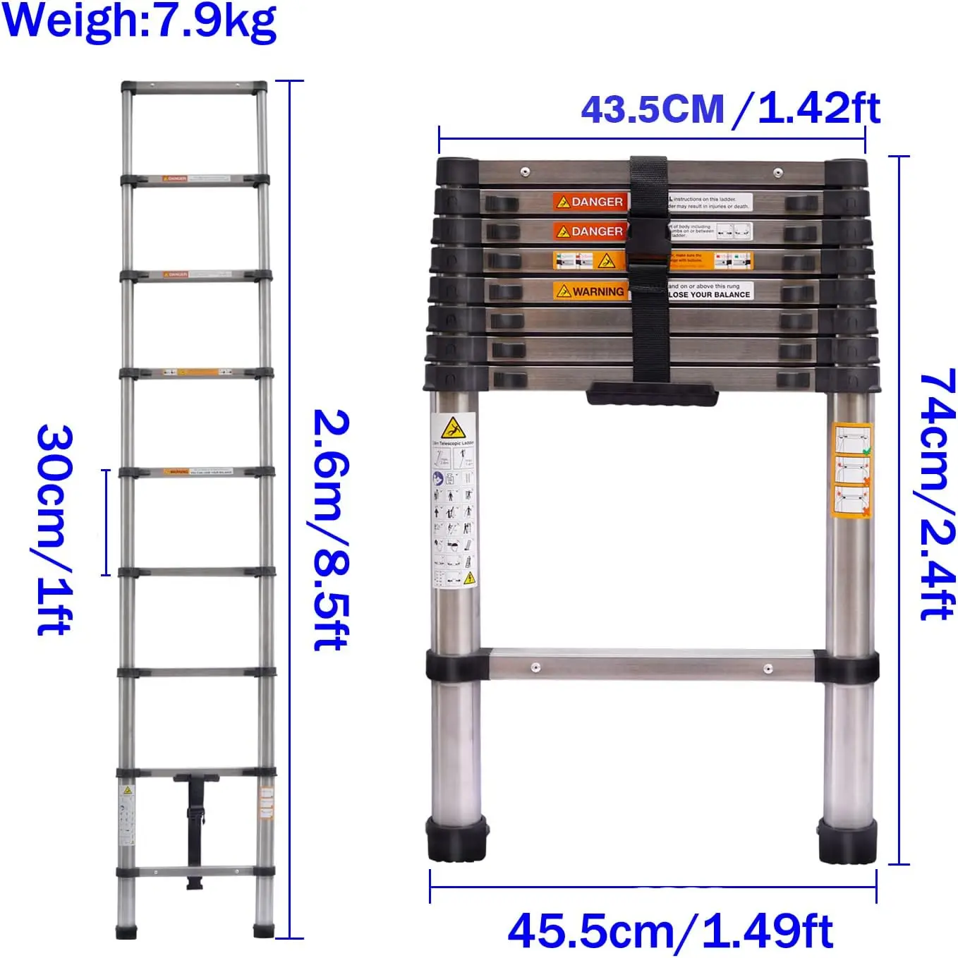 2.6M Foldable Ladders Telescopic Stainless steel Extendable Extension 9 Steps150kg Max. Capacity EN131 Portable for household