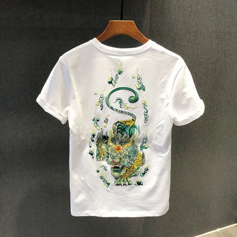 

T-shirt Men's Summer Chinese Style Thin Fashion Embroidery Short Sleeved T Shirt Round Neck Loose Casual Tops Tees