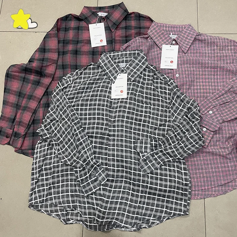 

Men Women Casual Fashion Thin Style Gray Our Legacy Plaid Long Sleeve Shirt High Quality Check Pleated Shirts