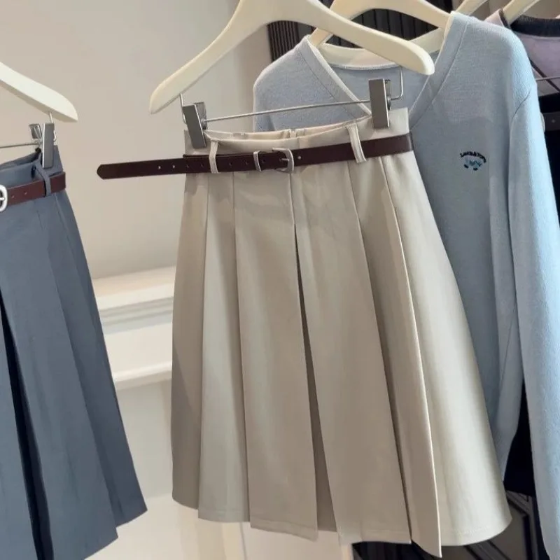 Damen Hochtaillierter Plissierter A-Linien Midirock mit Gürtel im Preppy-Stil Lässiger Rock