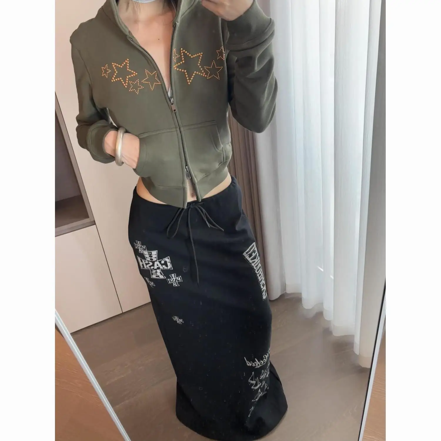 

Gagaok Harajuku Y2k Skirt Cracked Printed Midi Skirts Women Casual Slimming Retro Street Style High Waist Black Clothes Femme