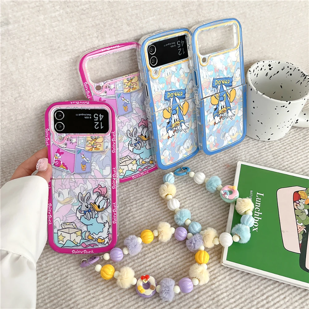 Cartoon Cute Donalds Ducks Daisies Ducks with Bracelet Phone Case for Samsung Galaxy Z Flip 3 4 Z Flip 5 6 5G PC Hard Back Cover