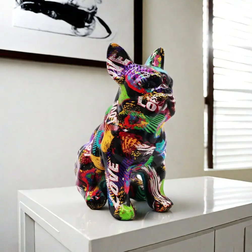 Kawaii Graffiti French Bulldog Statue Cartoon Exquisite Colorful Dog Statue Handmade Mini Nordical Graffiti Animal Statue Office