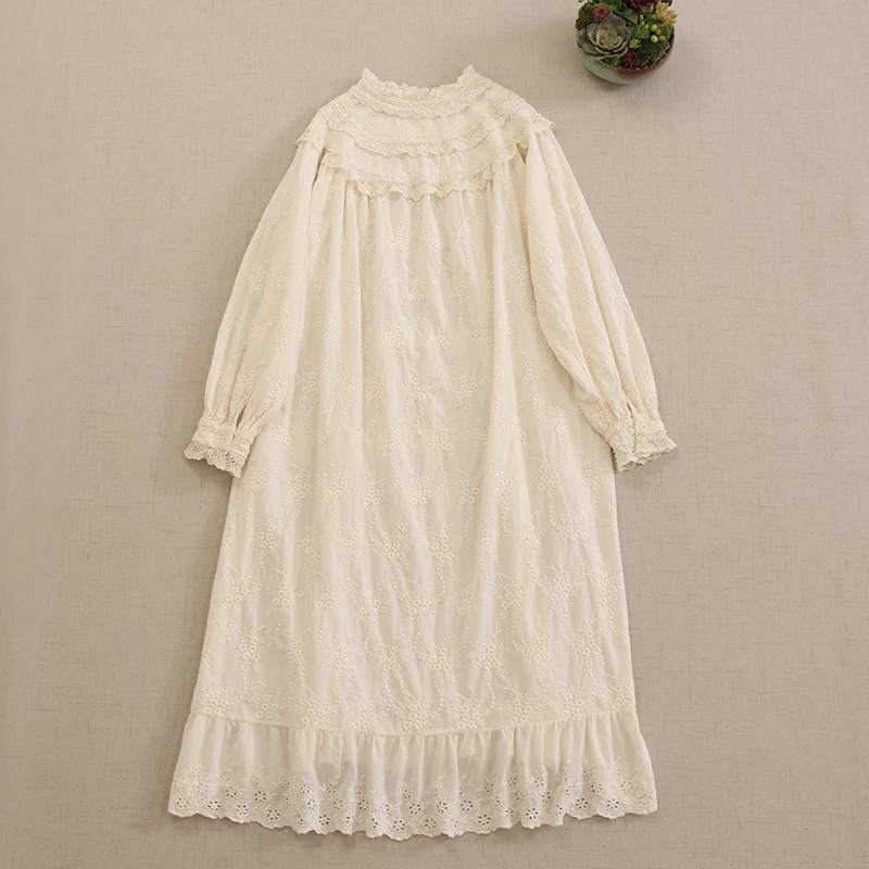 Robe mi-longue en coton brodé pour femmes, col montant, manches longues, décontracté, doux, japonais, Mori Girl, printemps, automne