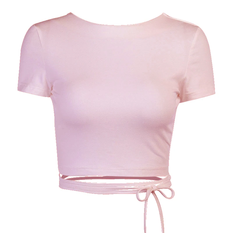 Womens Crop Casual Backless Tops Tshirt Cotton Pink Loose Bandage Sexy Short Sleeve Round Neck Tee  Shirts