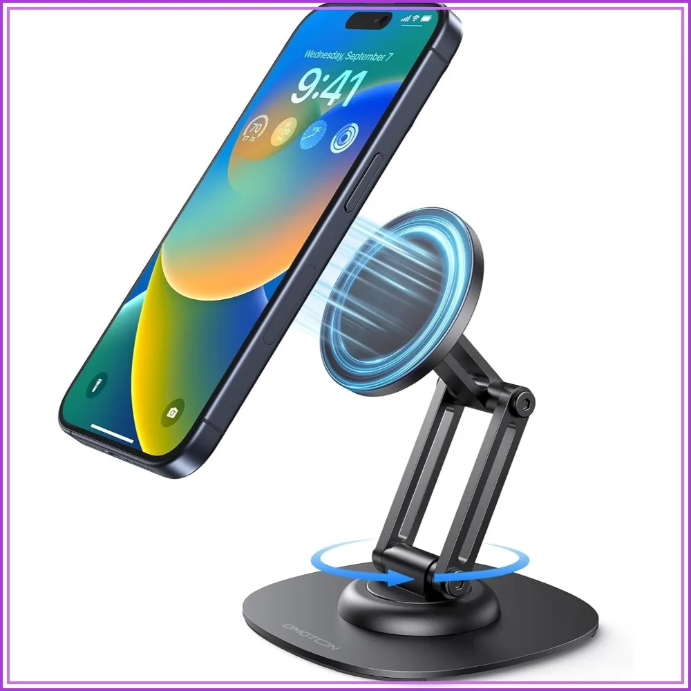 

360° Rotating Magnetic Phone Stand for Desk, Adjustable Foldable Aluminum for MagSafe iPhone, Non-Slip Base