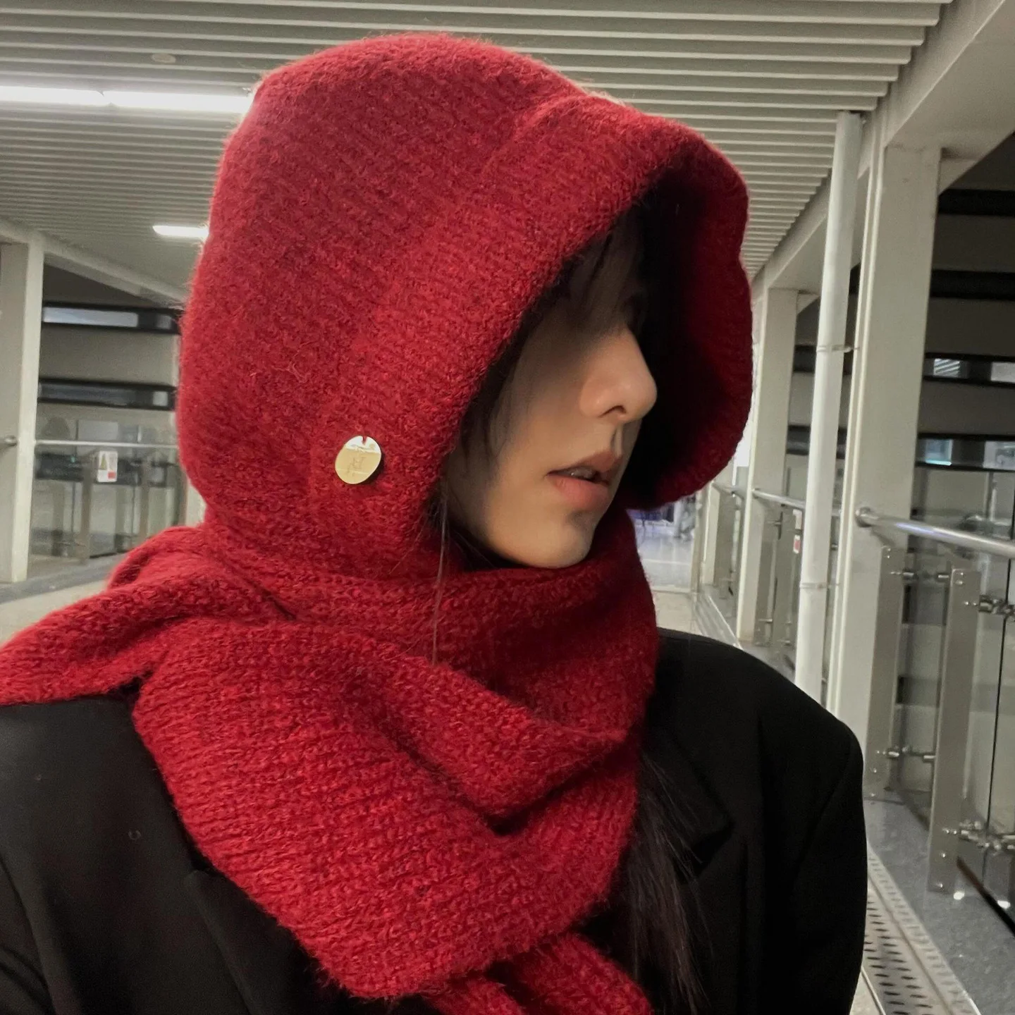 Red Knitted Hooded Caps for Women Balaclava Hats Winter Windproof Warm Unisex Neck Cover Scarf Cap One-piece Ski Beanies