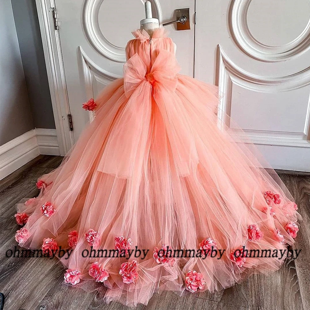 Pink Princess Dress Organza Fluffy Sweep Train Flower Girl Dresses Sleeveless 2024 Summer 3D Flower With A Big Bow Zipper Back