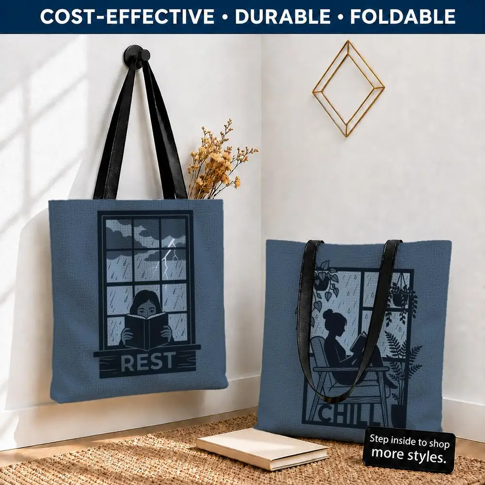 Rainy day reader aesthetic Storage Bags Polyester Canvas Tote Lightweight Foldable Reusable Shopping Bag Shoulder Straps