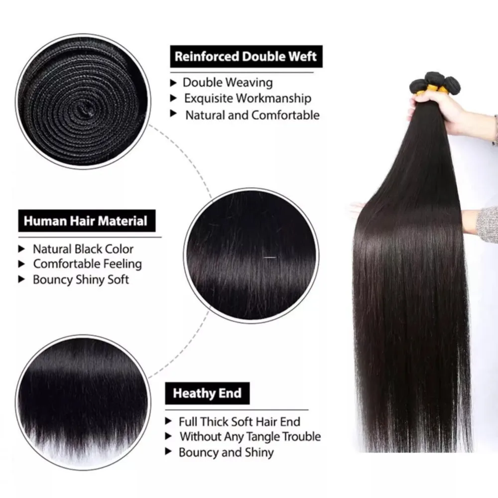 Bundles de cheveux humains raides avec fermeture, document naturel, 100% cheveux humains non transformés, 4x4, 13x4, dentelle, Frmeds Weave Extension, 30 pouces