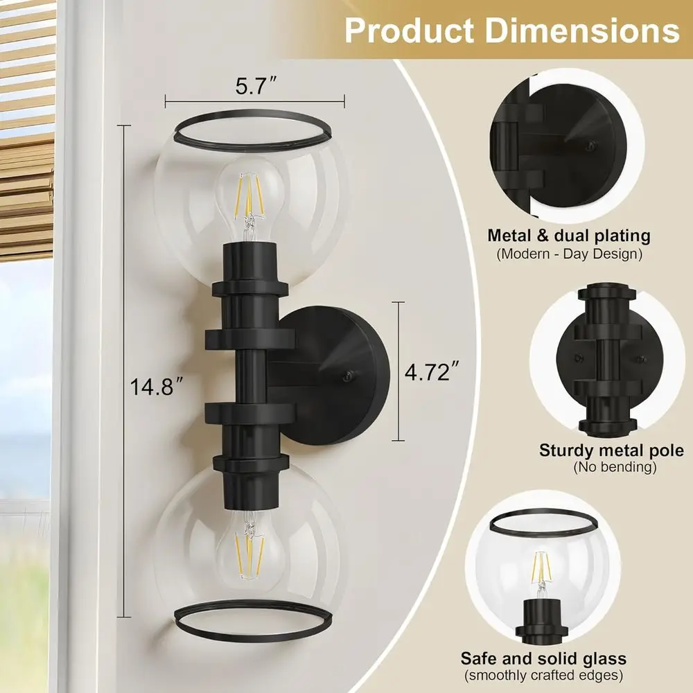 Pair of Modern Clear Glass Wall Sconces for Bathroom, Living Spaces, and More