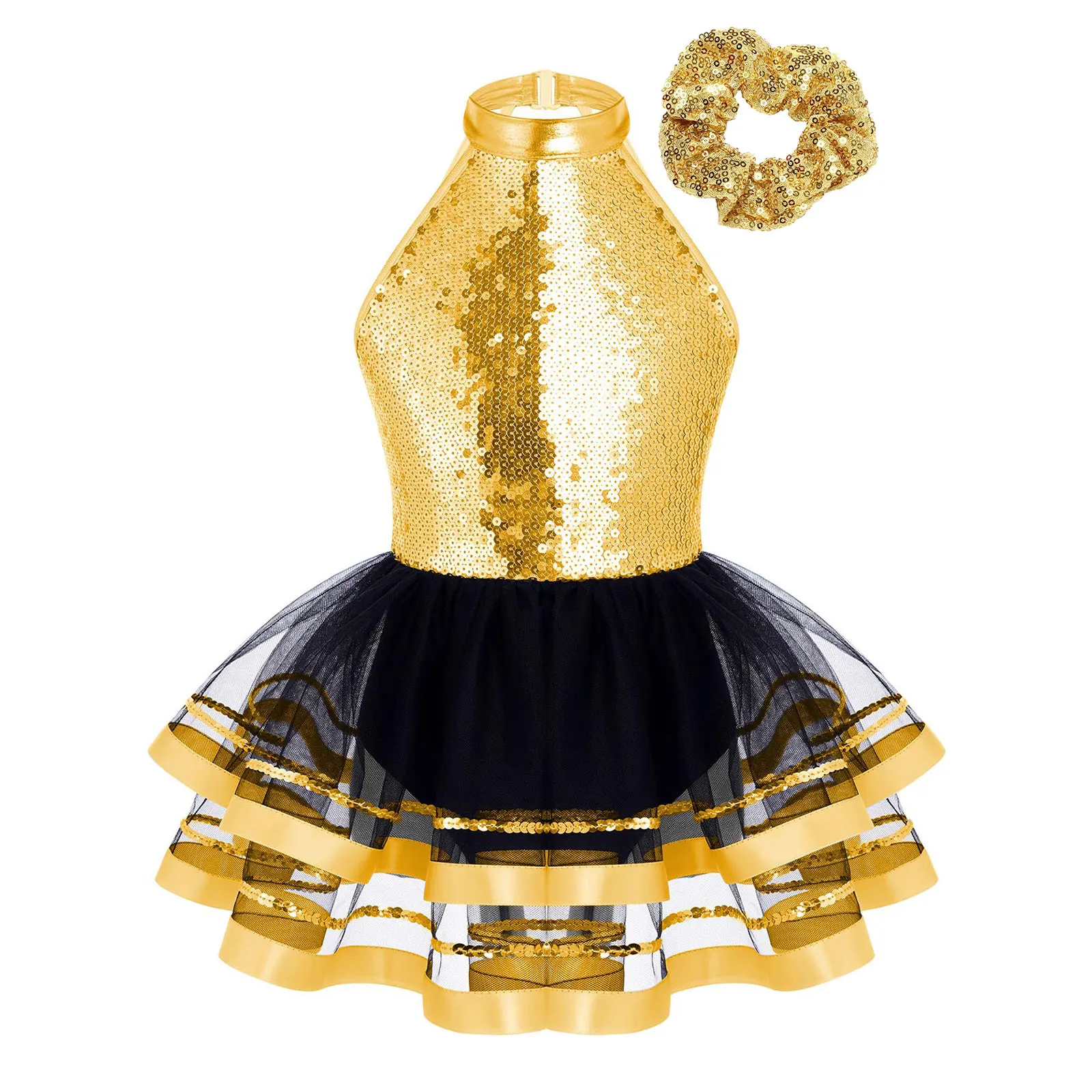 Kids Girls Shiny Sequin Ballet Tutu Dress Gymnastics Workout Dancewear for Latin Jazz Modern Dancing Costume Ballerina Dancewear