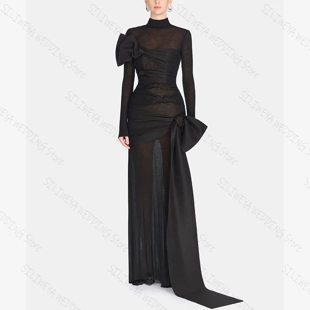 

Black Perspective High Neck Chic Prom Dresses A-line Long Sleeves Floor-Length Female Party Evening Gown
