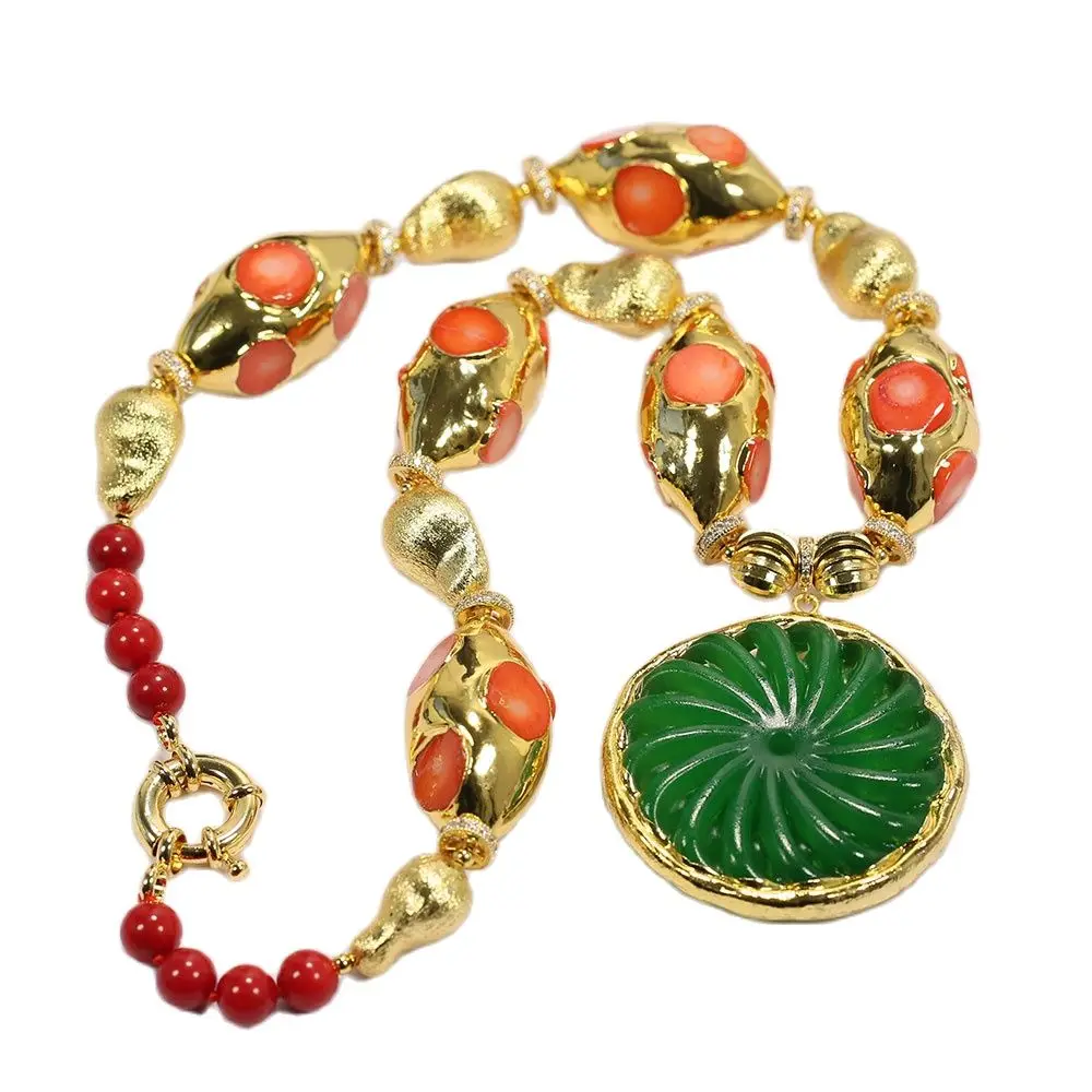 G-G Orange Coral Gold Plated Edge Brushed Bead Red Round Coral Green Jades Connector Flower Pendant Simple Gifts