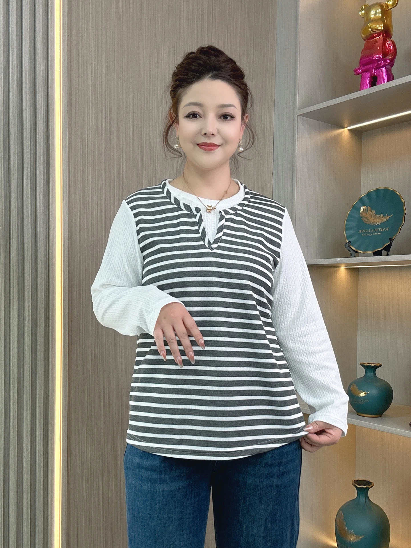 

Spring 2026 plus Size Women's Striped Long Sve T-irt Faionable Loose Slimming Top Korean Sle Commute Wind Casual Wear