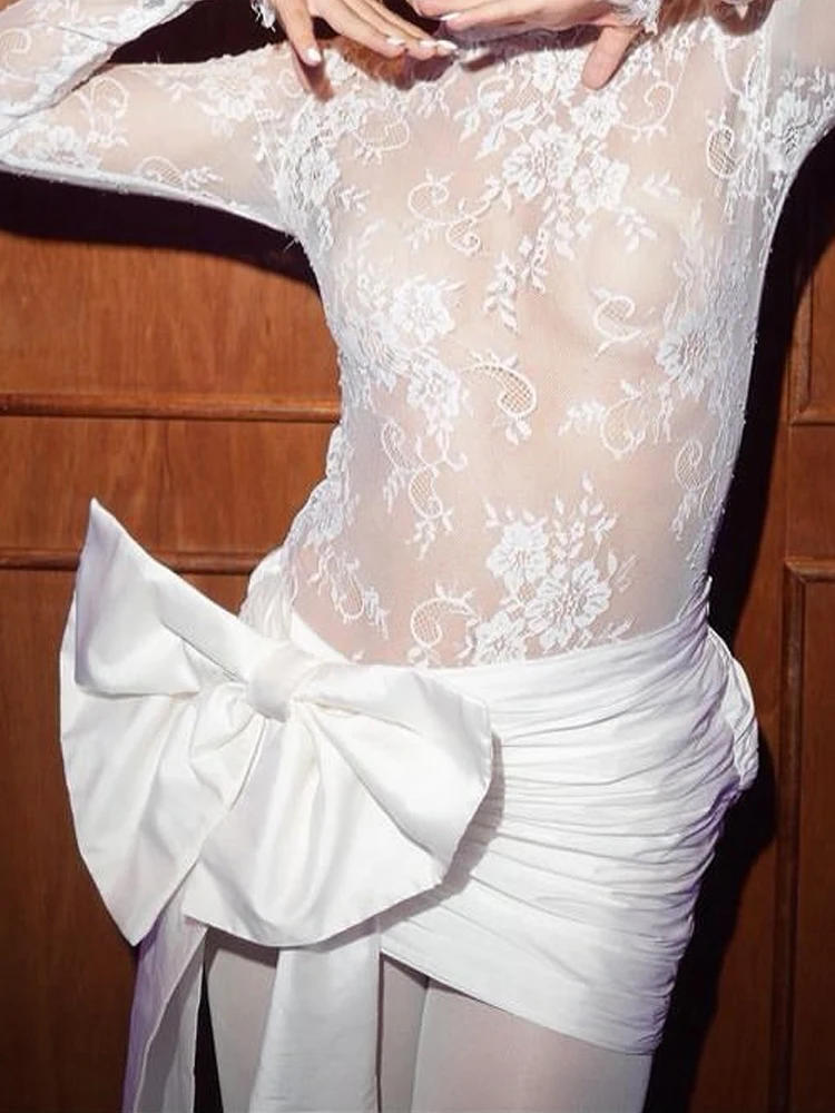 Casual slanke feestjurk met lange mouwen, elegante opstaande kraag, oversized strikjurken, dames, sexy kantborduurwerk, effen kleur mini-jurk