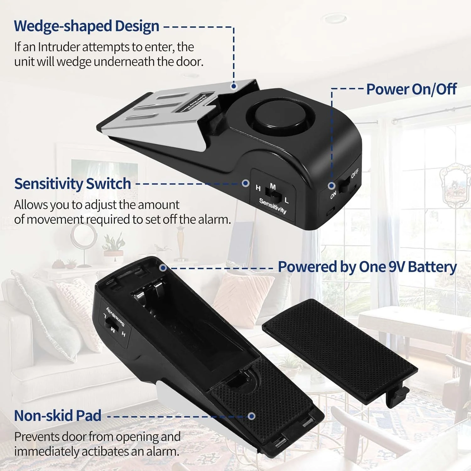 إنذار إيقاف الباب مطور، مع إنذار أمان 120 ديسيبل، وأمان الباب للسفر، والفندق والشقة (أسود) (عبوة من قطعتين)