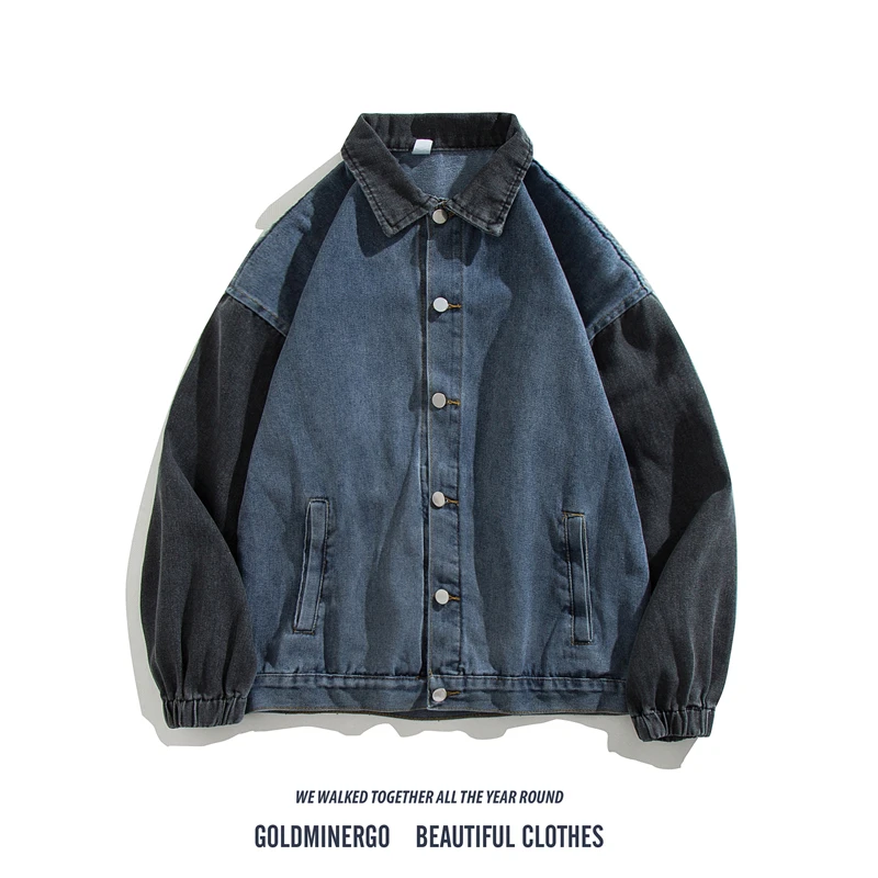 

Casual Loose Men's Denim Jaet Color Blo Splicing Retro Workwear Sle Long Sve Cotton Outerwear for Youth Autumn Wear