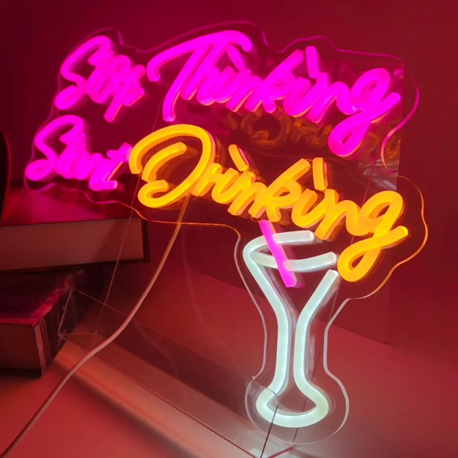 Stop Thinking Start Drinking! USB Powered LED Neon Beer Sign for Home Bar Wall Decor, Man Cave, Pub, Restaurant & Party