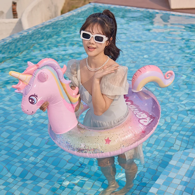 Inflatable Unicorn Swimming Pool Kids Playing Floaties Sequin Floating Circle Children Adult Swim Rafts Summer Beach Rings