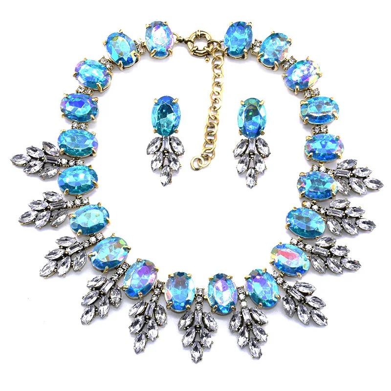 Luxury Jewelry Set Elegant Wedding Prom Crystal Earring and Chunky Bib Choker Royal Blue Rhinestone Statement Necklace for Women