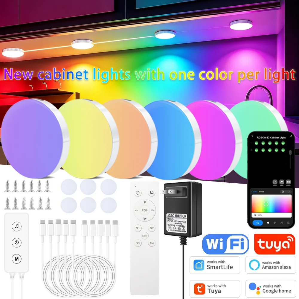 DC24V Tuya Wifi RGBIC+W+WW LED Puck Lights Under Cabinet Light Remote Control Festival Wardrobe Bedroom Kitchen for Alexa Google