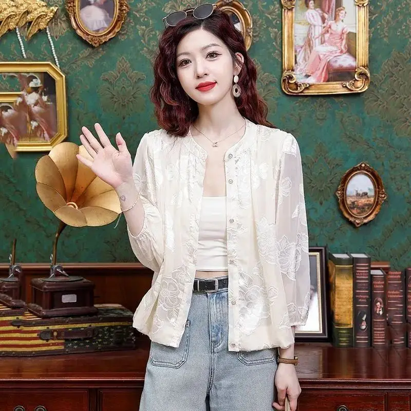 Stand-up Collar Shirt Female 2026summer New Cardigan Slim Sunscreen Coat Western-style Outwear Women Fashion Overwear Top