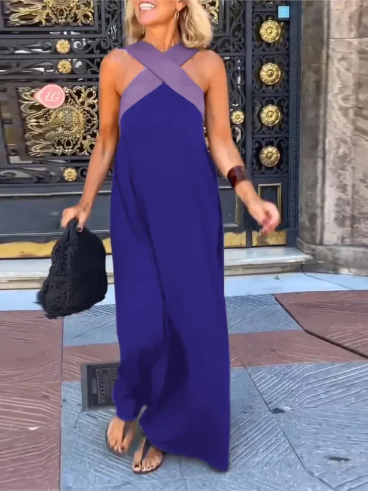 Summer Casual Loose Beach Dresses Fashion Off Shoulder Multi-color Holiday Dress 2025 New Women Halter Color Blocked Long Dress - Image 6