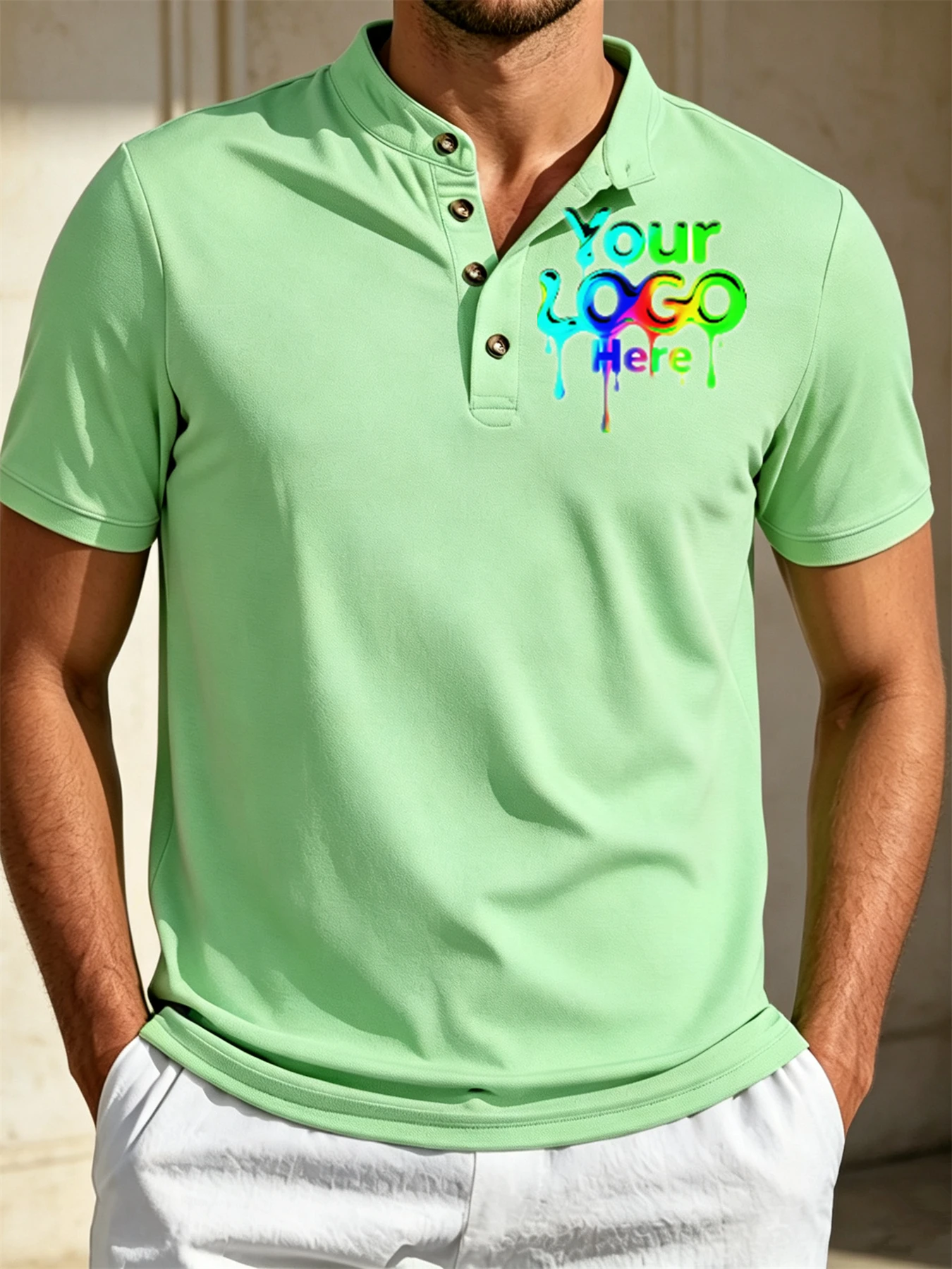 Customizable men's polo shirts, allowing customization of photo logo patterns. Breathable and comfortable