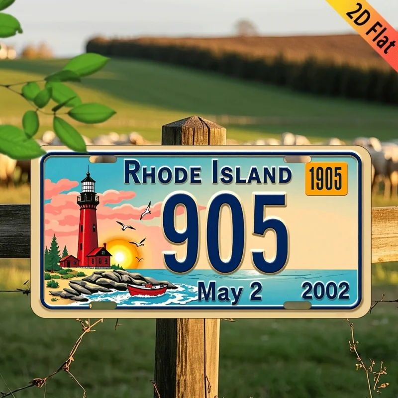 HD Aluminum Print, Rhode Island Lighthouse License Plate Style Wall Art, High Definition Bend-Resistant Metal Sign, Nautical Coa