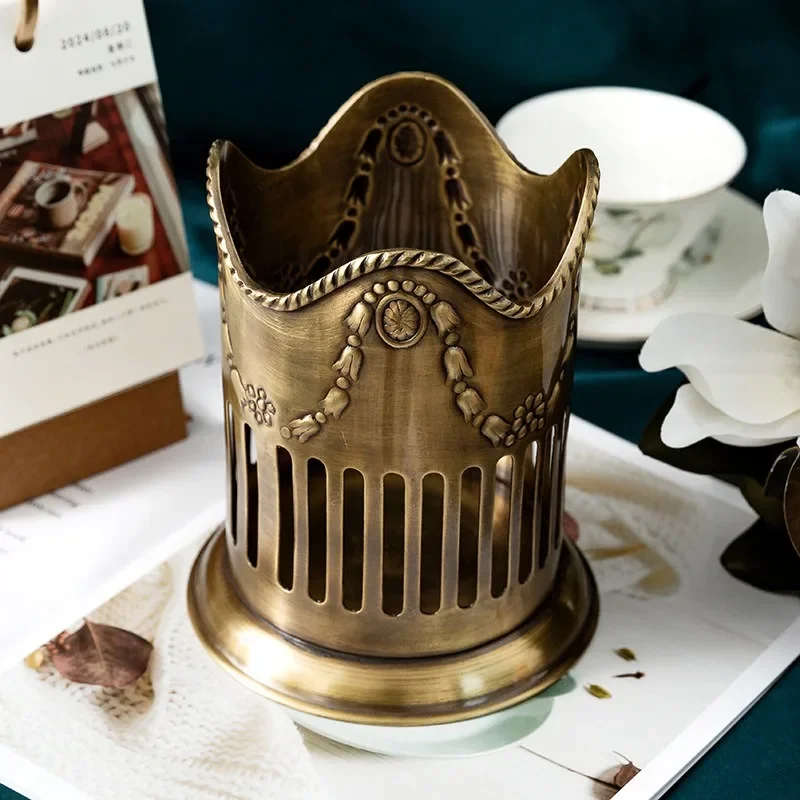 Practical Brass Tool Bucket Handmade, Multi-purpose Chopstick Caddy, Vintage Desk Storage Organizer for Kitchen Dining Table