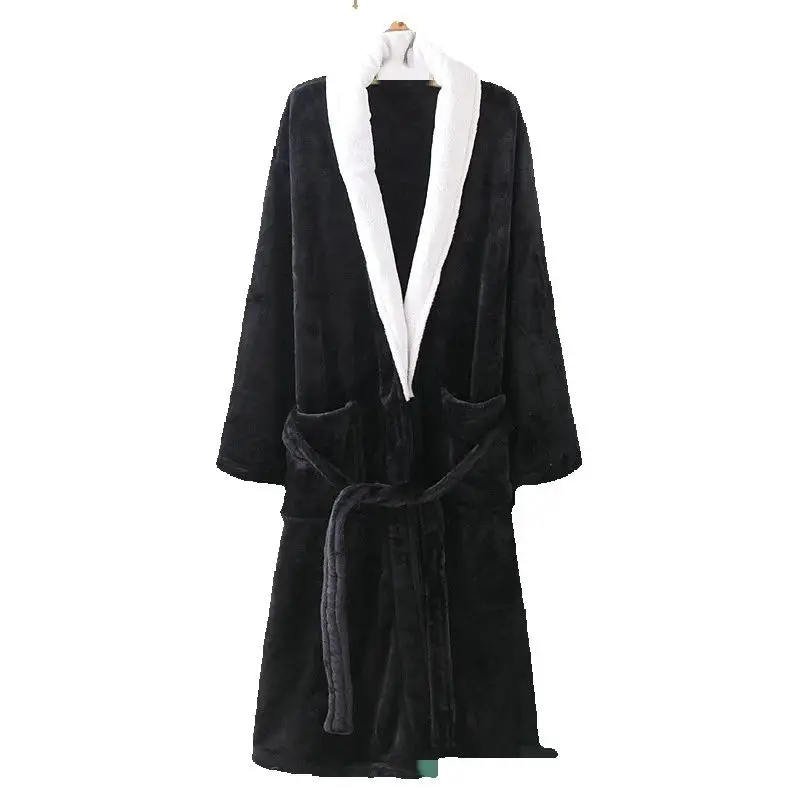 Men's Winter Thicken Warm Long Gray Flannel Fleece Bathrobe Nightgown Male Fashion Thermal Night Sleepwear Coral Velvet Pajamas