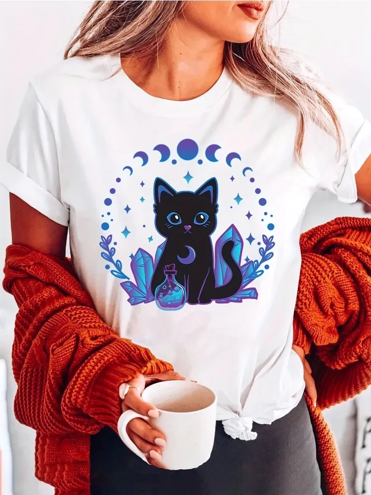 Cute Crystal Black Cat Fashion Letter Printed Women T-Shirt Short Sleeve Round Neck Casual Top Summer Autumn Seasonal Women Tee